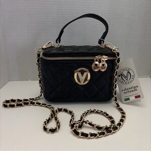 Valentino Orlandi Black Quilted Vanity Crossbody with Gold Accents